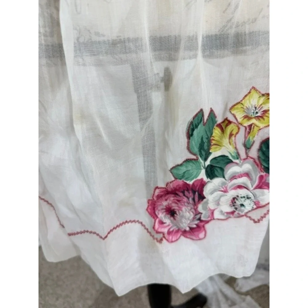 Vintage 1940's White Linen Half Apron Floral Embroidery Red Rickrack Trim Pocket